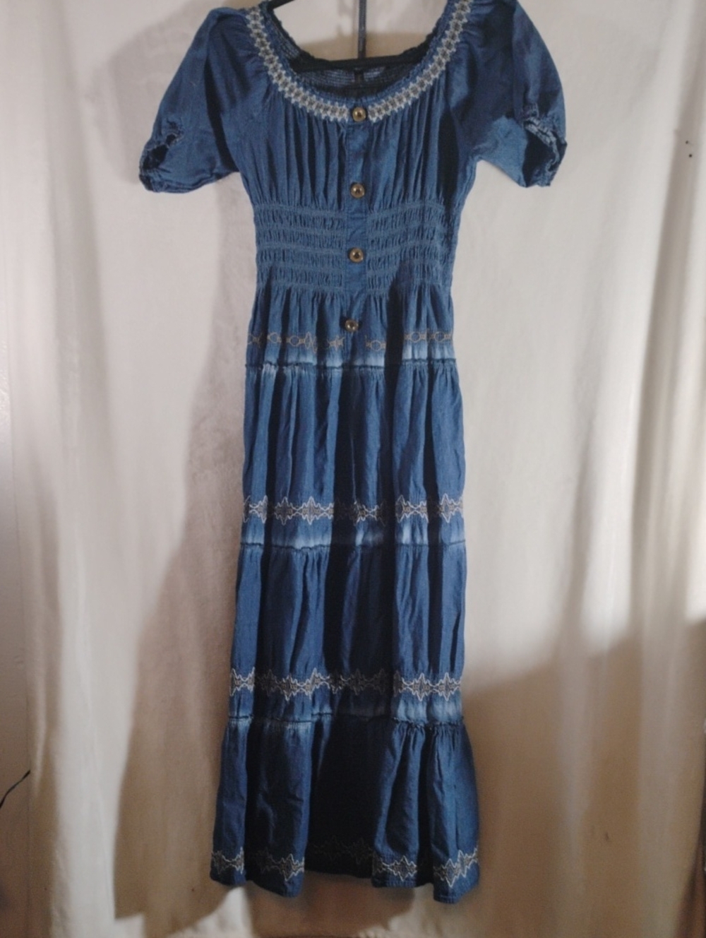 Blue Embroidered Tiered Maxi Dress